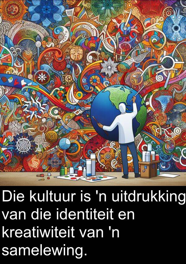 uitdrukking: Die kultuur is 'n uitdrukking van die identiteit en kreatiwiteit van 'n samelewing.
