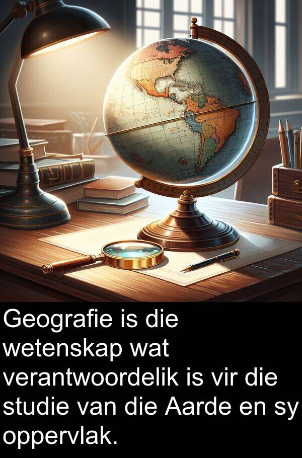wetenskap: Geografie is die wetenskap wat verantwoordelik is vir die studie van die Aarde en sy oppervlak.