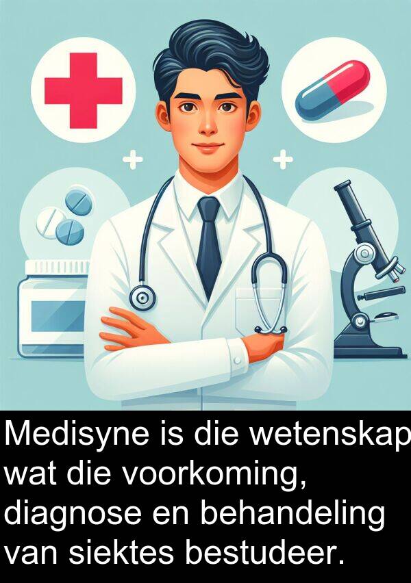 bestudeer: Medisyne is die wetenskap wat die voorkoming, diagnose en behandeling van siektes bestudeer.