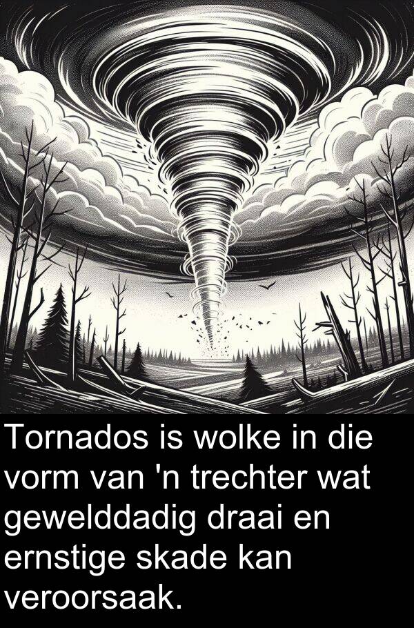 draai: Tornados is wolke in die vorm van 'n trechter wat gewelddadig draai en ernstige skade kan veroorsaak.