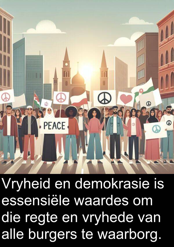 essensiële: Vryheid en demokrasie is essensiële waardes om die regte en vryhede van alle burgers te waarborg.