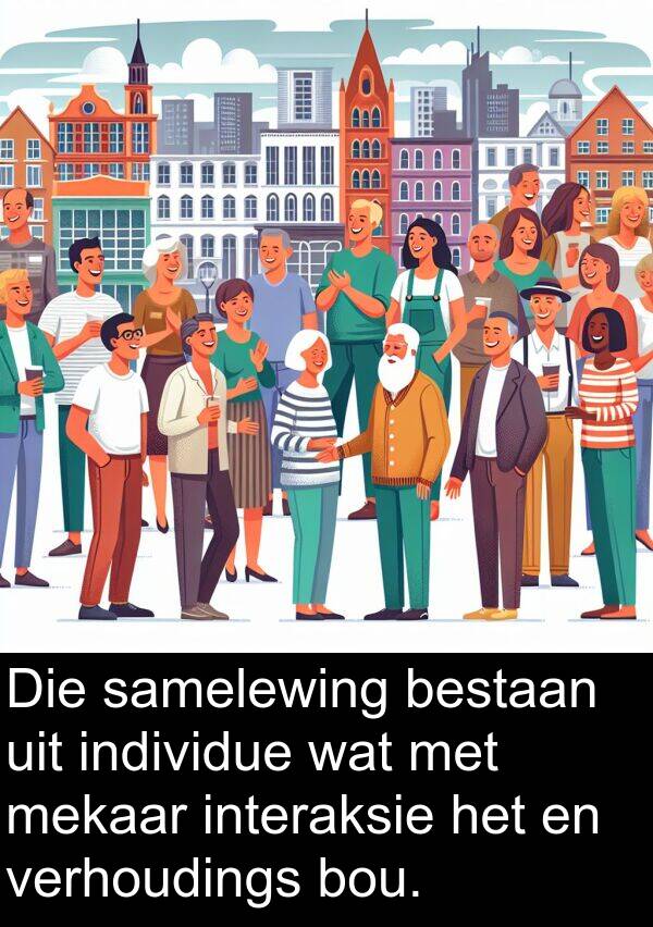 interaksie: Die samelewing bestaan uit individue wat met mekaar interaksie het en verhoudings bou.