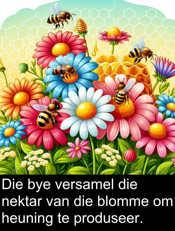 heuning: Die bye versamel die nektar van die blomme om heuning te produseer.