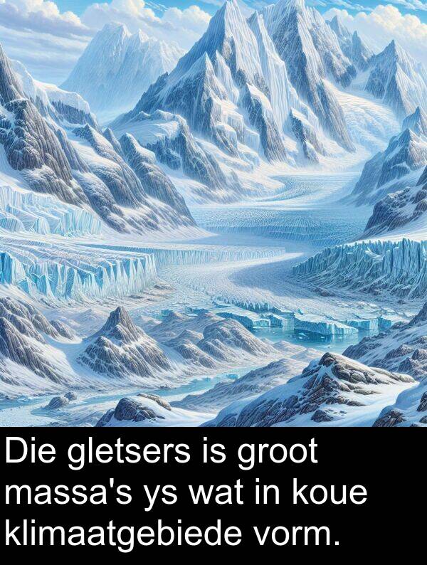 koue: Die gletsers is groot massa's ys wat in koue klimaatgebiede vorm.