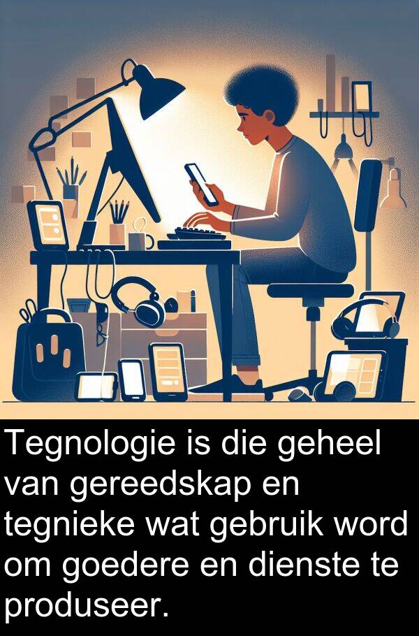 geheel: Tegnologie is die geheel van gereedskap en tegnieke wat gebruik word om goedere en dienste te produseer.