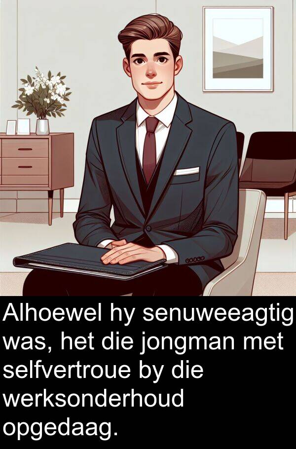 senuweeagtig: Alhoewel hy senuweeagtig was, het die jongman met selfvertroue by die werksonderhoud opgedaag.