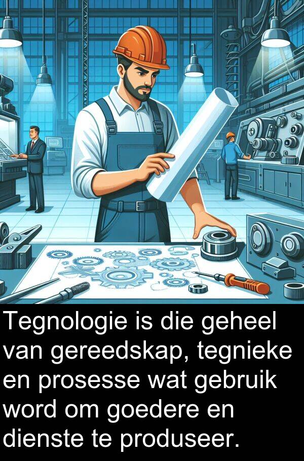 geheel: Tegnologie is die geheel van gereedskap, tegnieke en prosesse wat gebruik word om goedere en dienste te produseer.