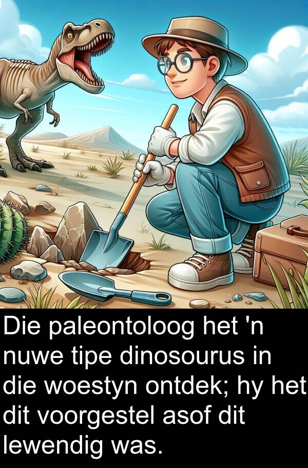 lewendig: Die paleontoloog het 'n nuwe tipe dinosourus in die woestyn ontdek; hy het dit voorgestel asof dit lewendig was.