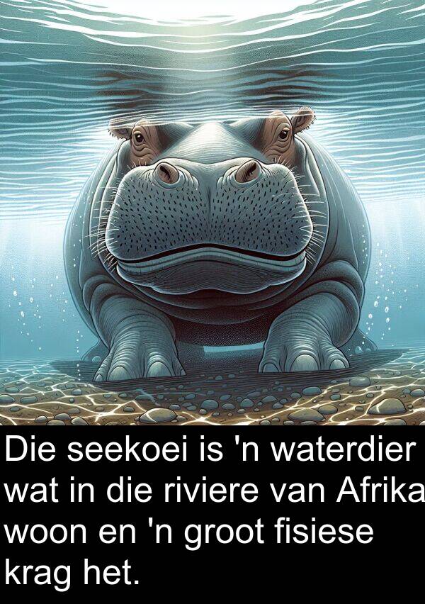waterdier: Die seekoei is 'n waterdier wat in die riviere van Afrika woon en 'n groot fisiese krag het.