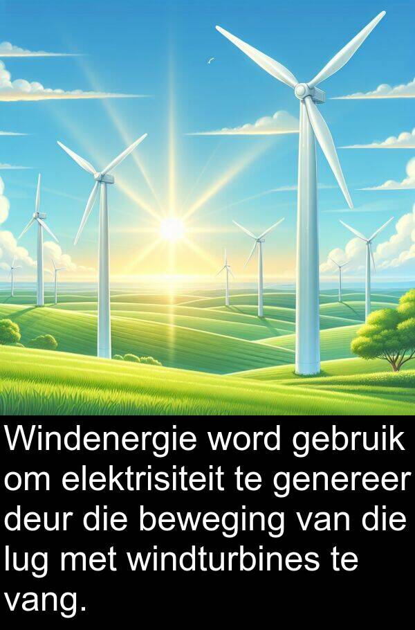 elektrisiteit: Windenergie word gebruik om elektrisiteit te genereer deur die beweging van die lug met windturbines te vang.