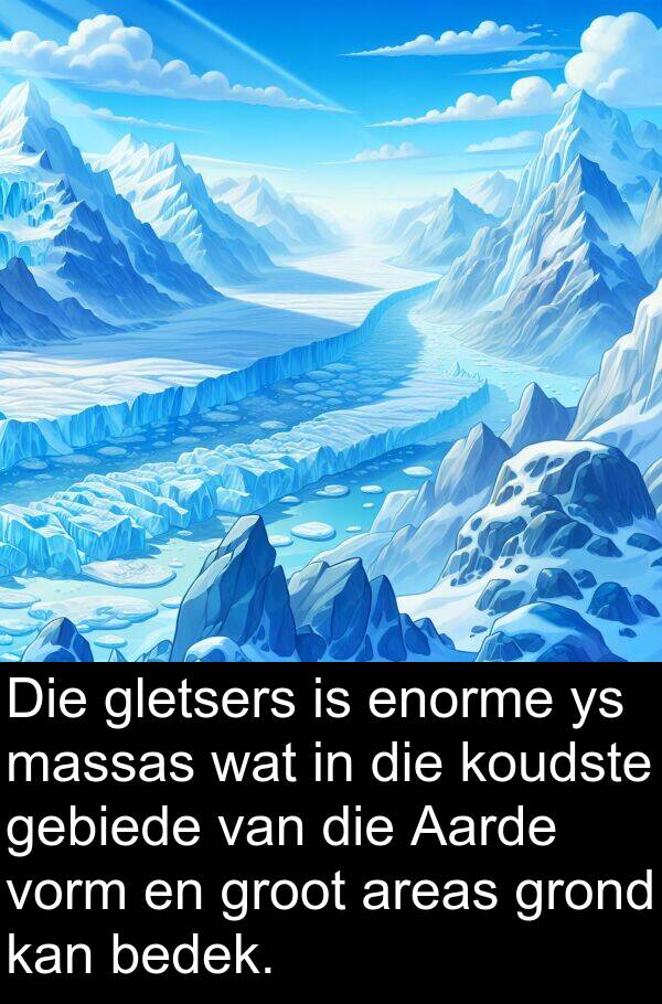 gebiede: Die gletsers is enorme ys massas wat in die koudste gebiede van die Aarde vorm en groot areas grond kan bedek.