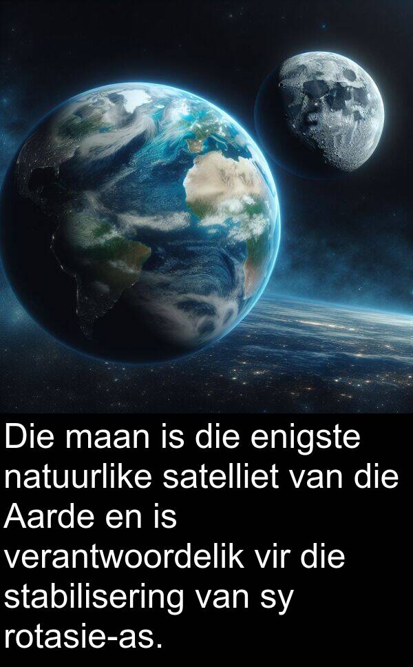satelliet: Die maan is die enigste natuurlike satelliet van die Aarde en is verantwoordelik vir die stabilisering van sy rotasie-as.