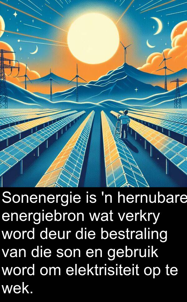 hernubare: Sonenergie is 'n hernubare energiebron wat verkry word deur die bestraling van die son en gebruik word om elektrisiteit op te wek.