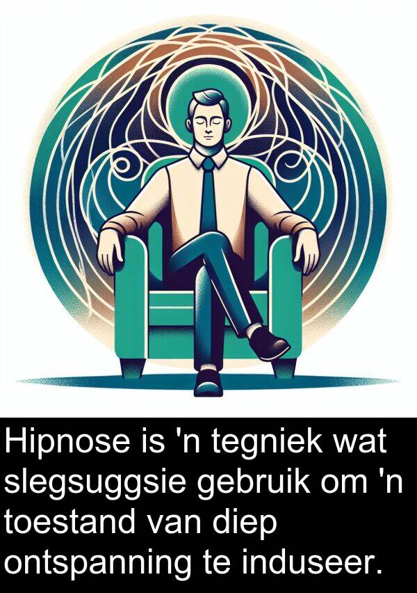 toestand: Hipnose is 'n tegniek wat slegsuggsie gebruik om 'n toestand van diep ontspanning te induseer.