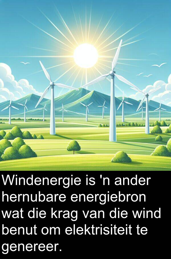 hernubare: Windenergie is 'n ander hernubare energiebron wat die krag van die wind benut om elektrisiteit te genereer.