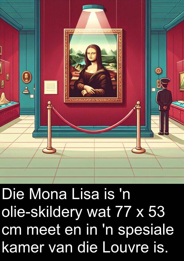 meet: Die Mona Lisa is 'n olie-skildery wat 77 x 53 cm meet en in 'n spesiale kamer van die Louvre is.
