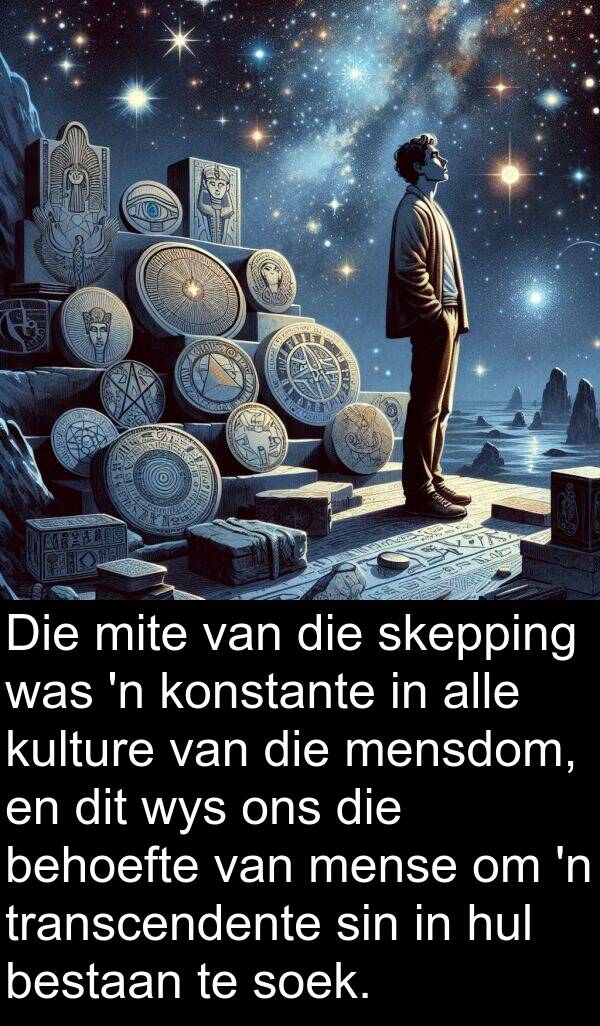 wys: Die mite van die skepping was 'n konstante in alle kulture van die mensdom, en dit wys ons die behoefte van mense om 'n transcendente sin in hul bestaan te soek.