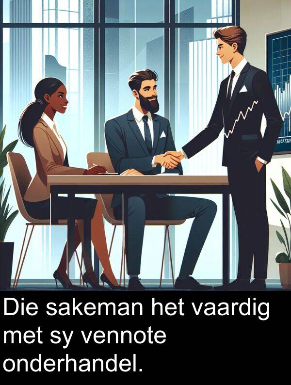 onderhandel: Die sakeman het vaardig met sy vennote onderhandel.