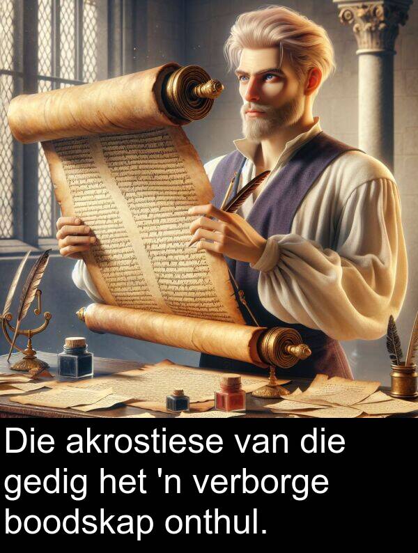 onthul: Die akrostiese van die gedig het 'n verborge boodskap onthul.