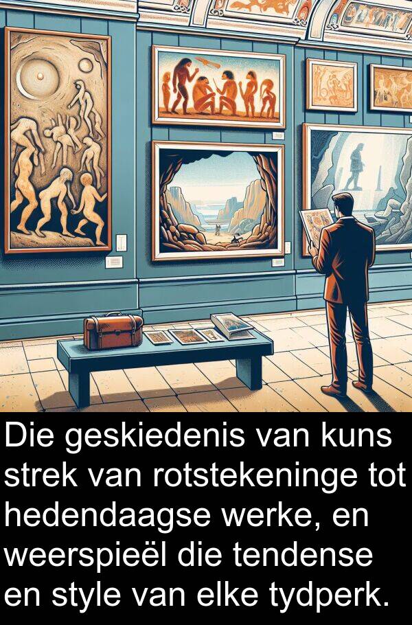 hedendaagse: Die geskiedenis van kuns strek van rotstekeninge tot hedendaagse werke, en weerspieël die tendense en style van elke tydperk.