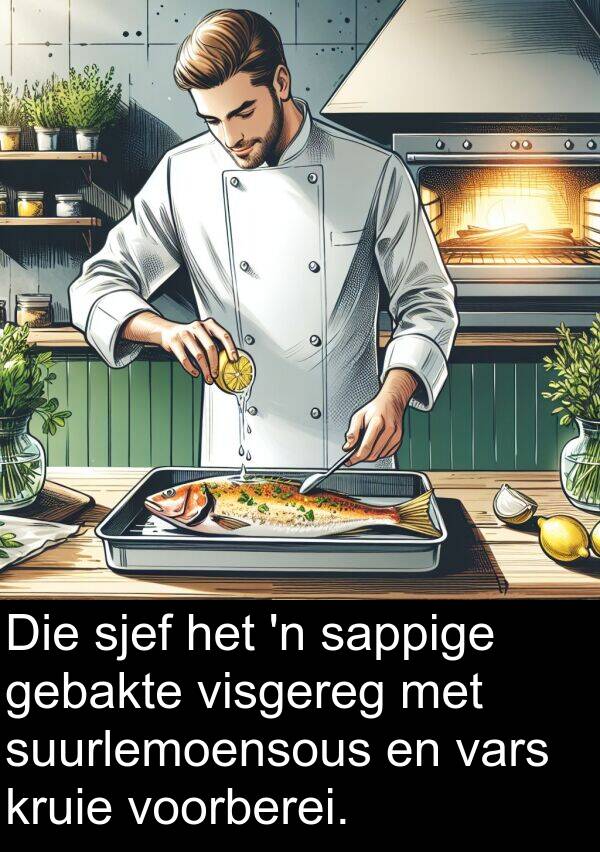 sjef: Die sjef het 'n sappige gebakte visgereg met suurlemoensous en vars kruie voorberei.