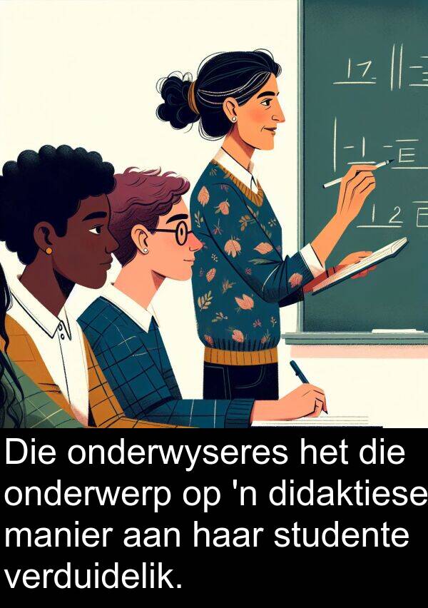 onderwyseres: Die onderwyseres het die onderwerp op 'n didaktiese manier aan haar studente verduidelik.
