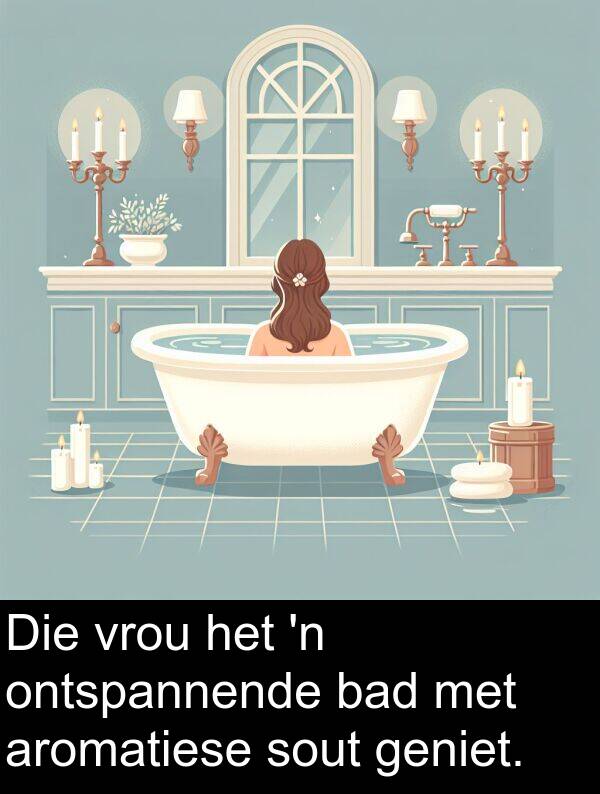 ontspannende: Die vrou het 'n ontspannende bad met aromatiese sout geniet.