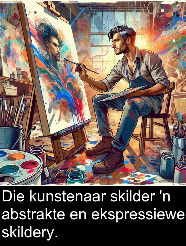 abstrakte: Die kunstenaar skilder 'n abstrakte en ekspressiewe skildery.