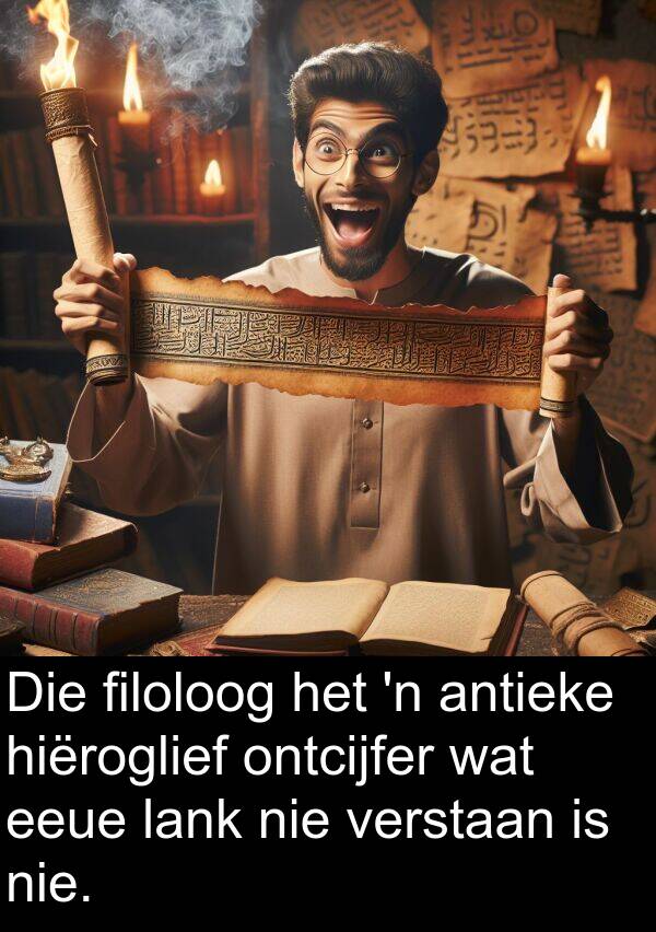 hiëroglief: Die filoloog het 'n antieke hiëroglief ontcijfer wat eeue lank nie verstaan is nie.