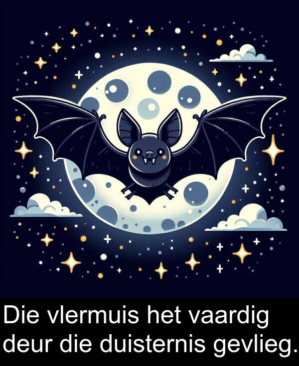 deur: Die vlermuis het vaardig deur die duisternis gevlieg.
