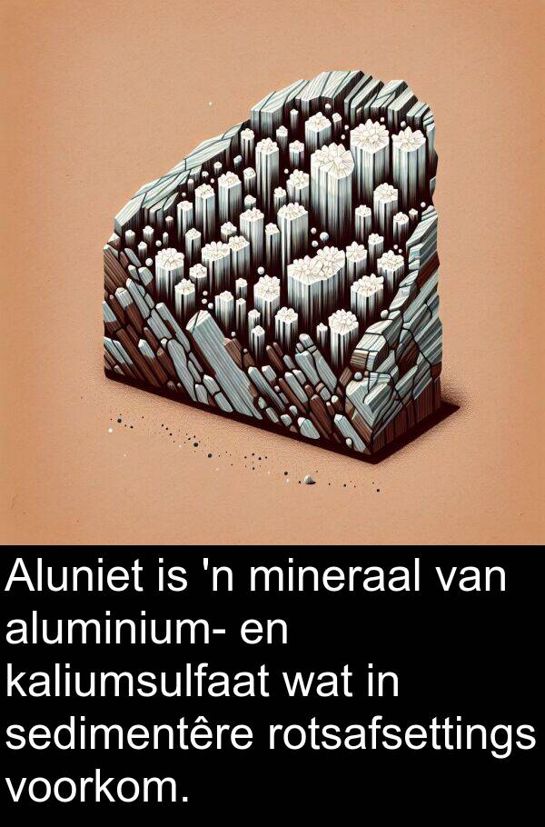 mineraal: Aluniet is 'n mineraal van aluminium- en kaliumsulfaat wat in sedimentêre rotsafsettings voorkom.