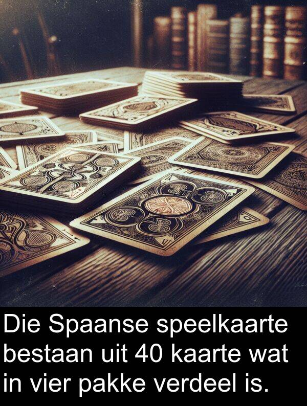 uit: Die Spaanse speelkaarte bestaan uit 40 kaarte wat in vier pakke verdeel is.