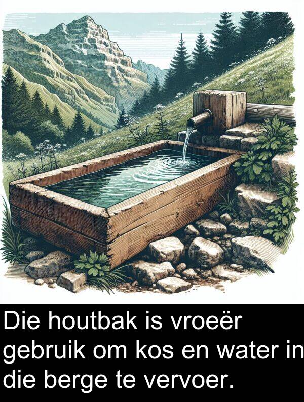gebruik: Die houtbak is vroeër gebruik om kos en water in die berge te vervoer.