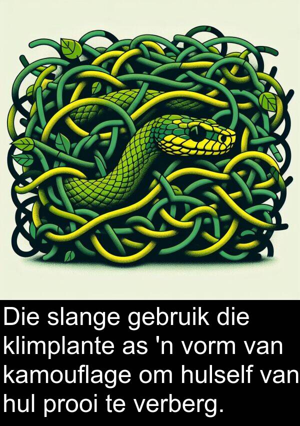 prooi: Die slange gebruik die klimplante as 'n vorm van kamouflage om hulself van hul prooi te verberg.