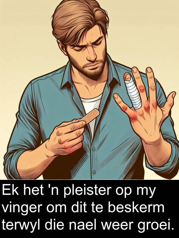 nael: Ek het 'n pleister op my vinger om dit te beskerm terwyl die nael weer groei.