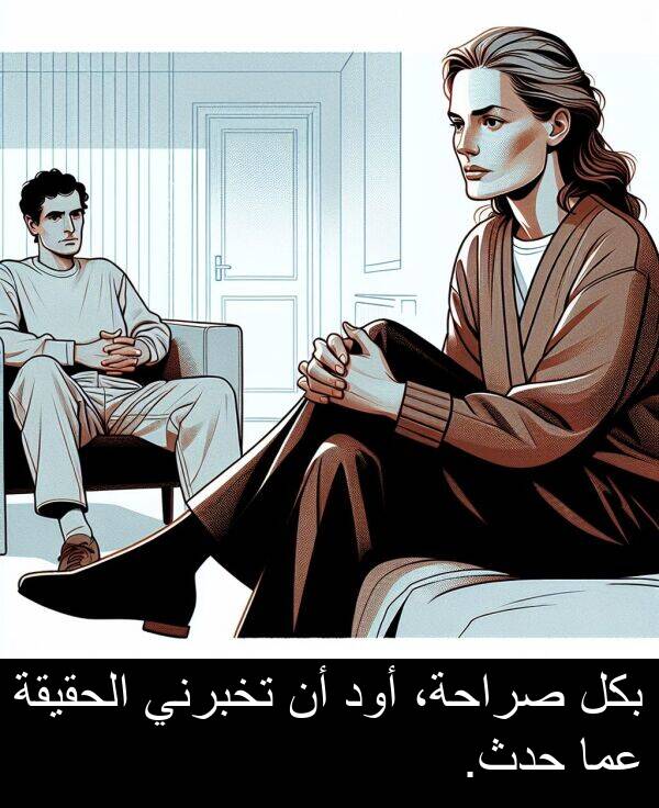 صراحة،: بكل صراحة، أود أن تخبرني الحقيقة عما حدث.