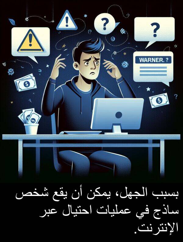 شخص: بسبب الجهل، يمكن أن يقع شخص ساذج في عمليات احتيال عبر الإنترنت.