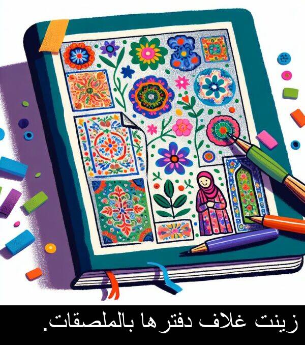 زينت: زينت غلاف دفترها بالملصقات.