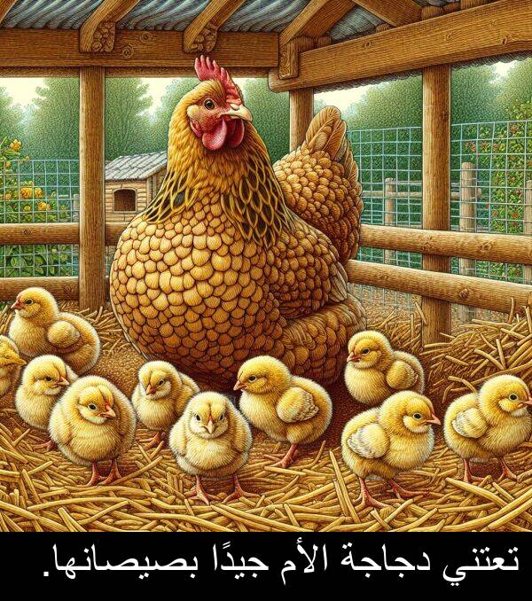 جيدًا: تعتني دجاجة الأم جيدًا بصيصانها.