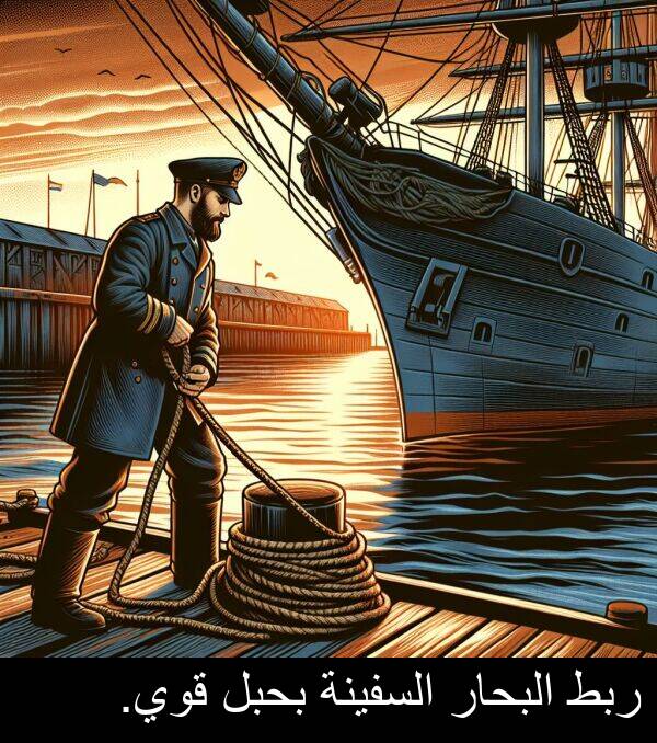 ربط: ربط البحار السفينة بحبل قوي.