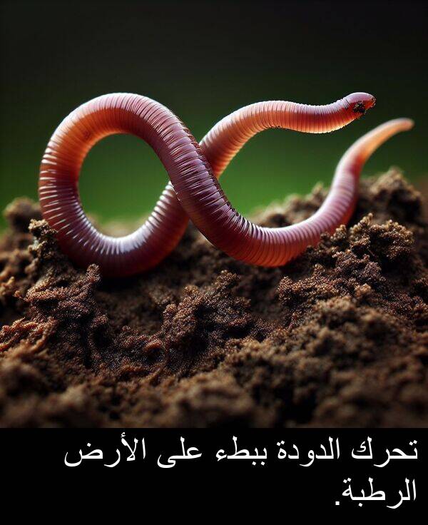 تحرك: تحرك الدودة ببطء على الأرض الرطبة.