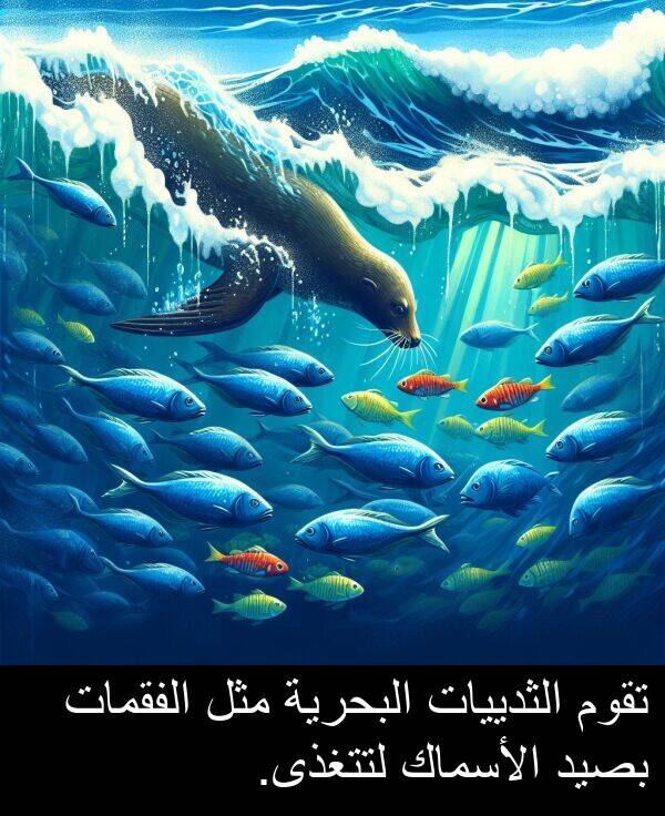لتتغذى: تقوم الثدييات البحرية مثل الفقمات بصيد الأسماك لتتغذى.
