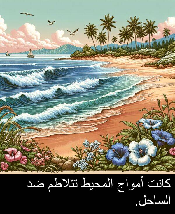 أمواج: كانت أمواج المحيط تتلاطم ضد الساحل.
