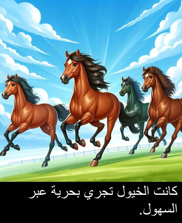عبر: كانت الخيول تجري بحرية عبر السهول.