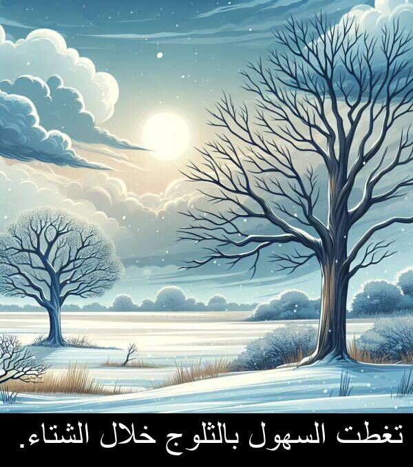 خلال: تغطت السهول بالثلوج خلال الشتاء.