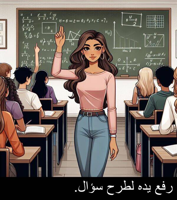 يده: رفع يده لطرح سؤال.