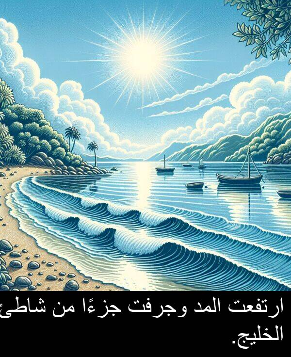 شاطئ: ارتفعت المد وجرفت جزءًا من شاطئ الخليج.