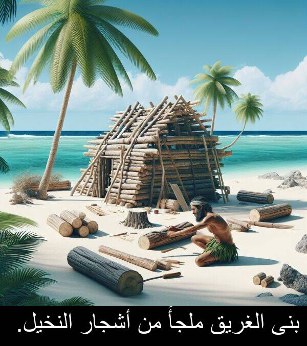 أشجار: بنى الغريق ملجأً من أشجار النخيل.