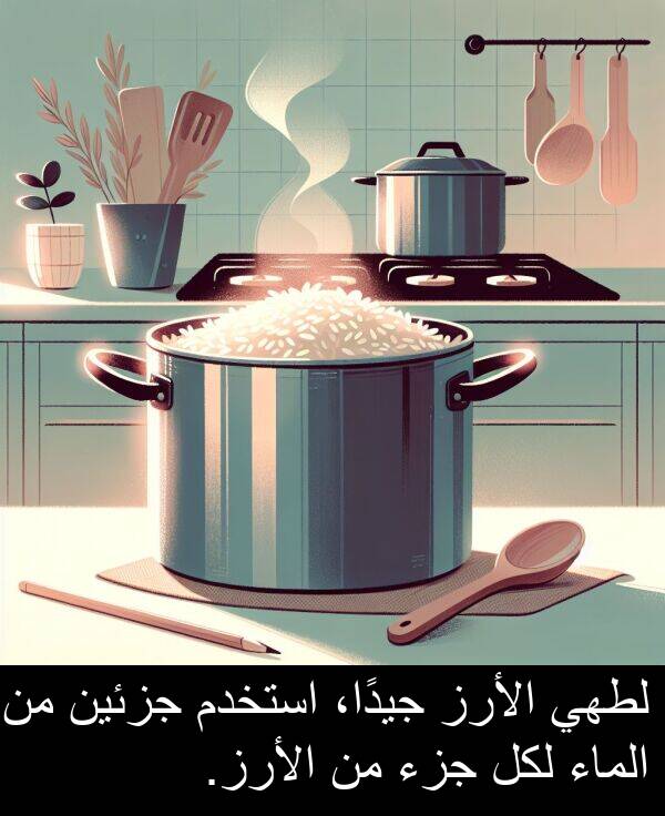 جزء: لطهي الأرز جيدًا، استخدم جزئين من الماء لكل جزء من الأرز.