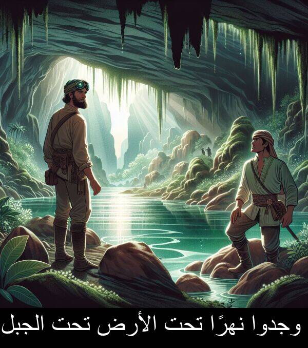 تحت: وجدوا نهرًا تحت الأرض تحت الجبل.
